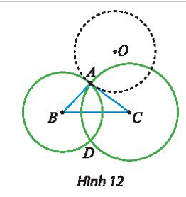 Cho tam giác ABC với B và C cố định. Vẽ hai đường tròn có tâm lần lượt là B, C và đi qua A. Gọi D là giao điểm thứ hai của hai đường tròn nói trên (Hình 12). Khi A di động trên một đường tròn cố định (O) thì điểm D di động trên đường nào?   (ảnh 1)