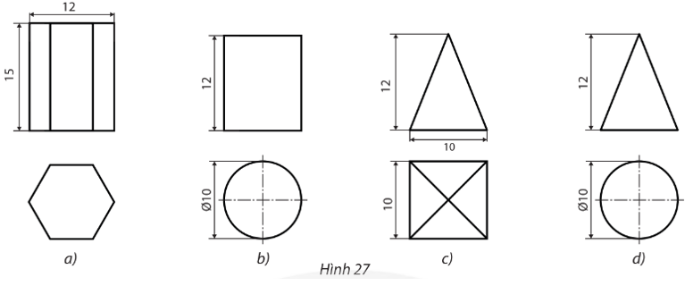 Mô tả vật thể trong không gian có hai hình chiếu vuông góc trong Hình 27. (ảnh 1)