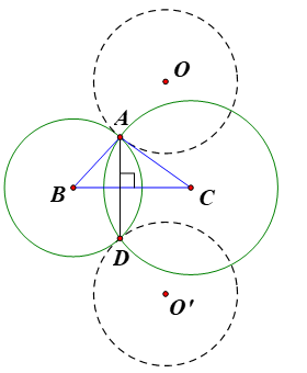 Cho tam giác ABC với B và C cố định. Vẽ hai đường tròn có tâm lần lượt là B, C và đi qua A. Gọi D là giao điểm thứ hai của hai đường tròn nói trên (Hình 12). Khi A di động trên một đường tròn cố định (O) thì điểm D di động trên đường nào?   (ảnh 2)