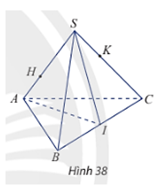 Cho tứ diện SABC. Gọi H, K lần lượt là hai điểm trên hai cạnh SA và SC (H ≠ S, A; K ≠ S, C) sao cho HK không song song với AC. Gọi I là trung điểm của BC (Hình 38). a) Tìm giao điểm của đường thẳng HK và mặt phẳng (ABC). (ảnh 1)