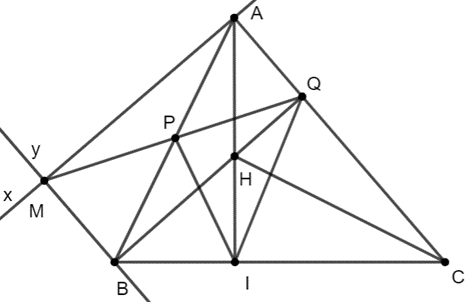 Cho tam giác ABC có đường cao AI. Từ A kẻ tia Ax vuông góc AC, từ B kẻ tia By (ảnh 1)