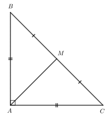 Cho tam giác ABC vuông cân tại A. Gọi M là trung điểm của cạnh huyền BC. Chứng (ảnh 1)