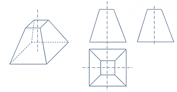Vẽ các hình chiếu vuông góc của: a) Hình chóp cụt tứ giác đều; b) Hình nón cụt.  (ảnh 1)