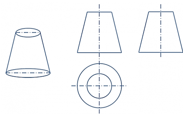 Vẽ các hình chiếu vuông góc của: a) Hình chóp cụt tứ giác đều; b) Hình nón cụt.  (ảnh 2)