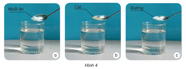 Chuẩn bị: 3 cốc thủy tinh, 3 thìa, muối ăn, cát, đường, nước. Tiến hành: Lấy 3 cốc nước như nhau, cho vào từng cốc các chất: muối ăn, cát, đường như hình 4, rồi khuấy đều.   Quan sát thí nghiệm và cho biết nước hòa tan chất nào và không hòa tan chất nào. (ảnh 1)