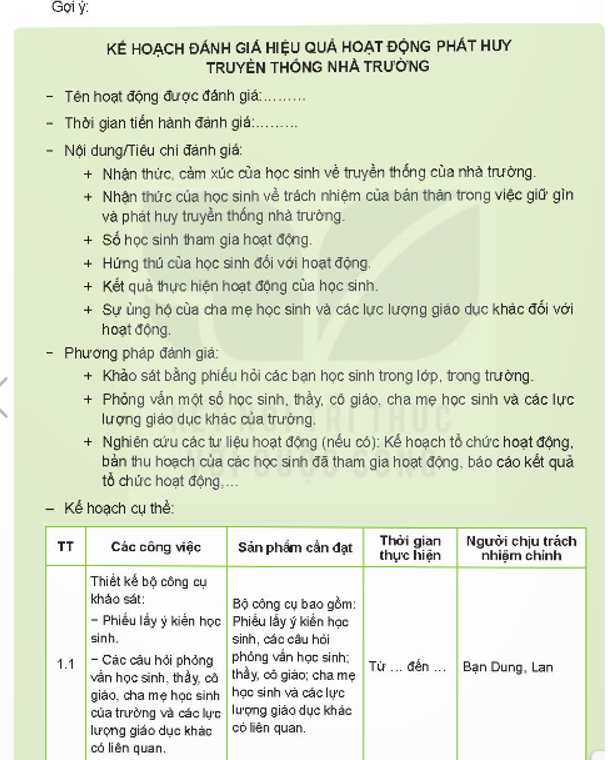 Lựa chọn và lập kế hoạch đánh giá hiệu quả một hoạt động phát huy truyền thống nhà trường.  (ảnh 1)