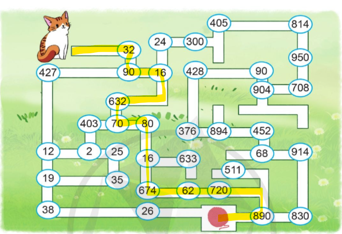 Em hãy chỉ đường giúp chú mèo tìm được cuộn len bị thất lạc bằng cách đi theo con đường ghi các số chẵn: (ảnh 2)