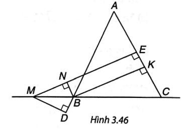 Cho tam giác ABC cân tại A; M là một điểm thuộc đường thẳng BC, B ở giữa M và C. Gọi E, K lần lượt là chân đường vuông góc hạ từ M và từ B xuống AC, còn N, D lần lượt là chân đường vuông góc hạ từ B xuống MEvà từ M xuống AB (H.3.46).   Chứng minh rằng: a) Tứ giác BKEN là hình chữ nhật. b) BK bằng hiệu khoảng cách từ M đến AC và đến AB (dù M thay đổi trên đường thẳng BC miễn là B nằm giữa M và C) tức là BK = ME – MD. (ảnh 1)