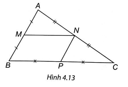 Cho tam giác ABC. Gọi M, N, P lần lượt là trung điểm của các cạnh AB, AC, BC. a) Chứng minh tứ giác BMNC là hình thang. b) Tứ giác MNPB là hình gì? Tại sao? (ảnh 1)