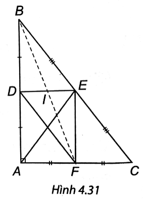 Cho tam giác ABC vuông tại A. Gọi D, E, F lần lượt là trung điểm của AB, BC, AC. a) Chứng minh rằng AE = DF. b) Gọi I là trung điểm của DE. Chứng minh rằng ba điểm B, I, F thẳng hàng. (ảnh 1)