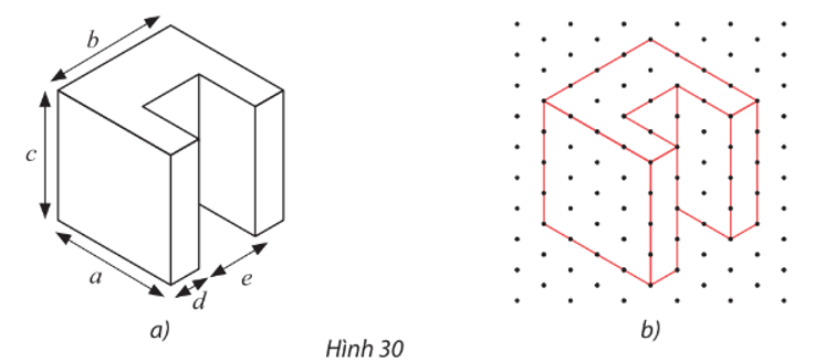 Tìm các kích thước a, b, c, d, e của chi tiết cơ khí trong Hình 30a có hình biểu diễn được vẽ trên giấy kẻ ô li trên Hình 30b với quy ước mỗi cạnh của tam giác đều biểu diễn độ dài 10 mm. (ảnh 1)