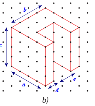 Tìm các kích thước a, b, c, d, e của chi tiết cơ khí trong Hình 30a có hình biểu diễn được vẽ trên giấy kẻ ô li trên Hình 30b với quy ước mỗi cạnh của tam giác đều biểu diễn độ dài 10 mm. (ảnh 2)
