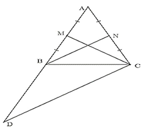 Cho tam giác ABC cân tại A, đường trung tuyến CM. Trên tia đối của tia BA lấy điểm D  (ảnh 1)
