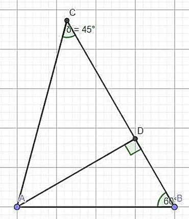 Cho tam giác ABC có góc B = 60 độ; góc C = 45 độ, AB = 10,6 cm. Tính CA, CB (ảnh 1)