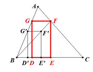 Cho tam giác ABC có góc B, góc C đều là góc nhọn. Nêu cách vẽ hình chữ nhật DEFG có đỉnh D, đỉnh E thuộc cạnh BC, đỉnh F, đỉnh G thuộc cạnh AC, AB và có EF = 2DE. (ảnh 1)