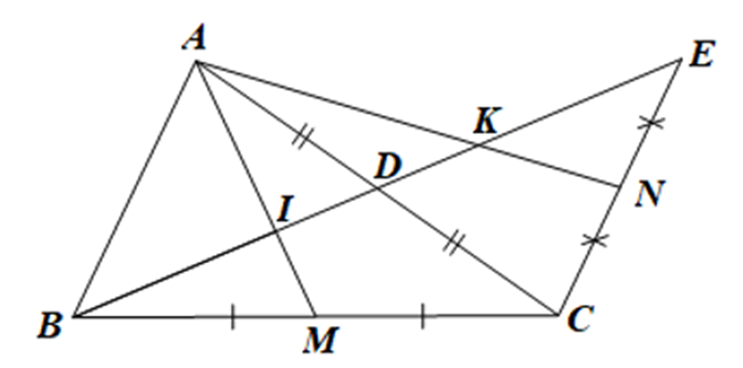 Cho tam giác ABC có đường trung tuyến BD. Trên tia đối của tia DB lấy điểm E  (ảnh 1)