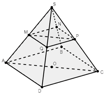 Cho hình chóp S.ABCD, đáy là hình bình hành tâm O. Gọi M, N, P, Q lần lượt là  (ảnh 1)