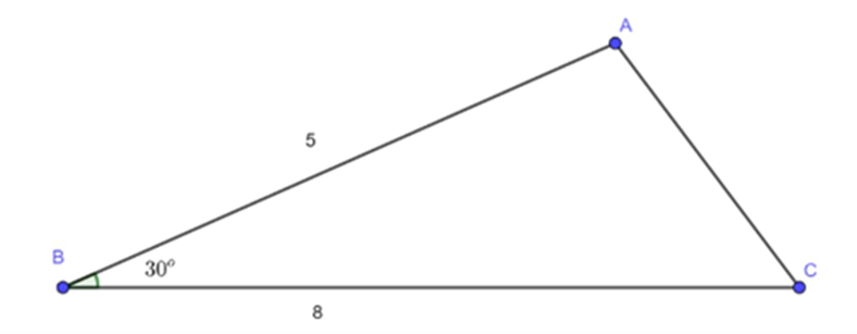 Cho tam giác ABC có AB = 5 cm, BC = 8 cm và góc ABC = 30 độ. Tính diện tích (ảnh 1)