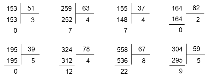 b) Đặt tính rồi tính:  153 : 51  259 : 63  155 : 37  164 : 82  195 : 39 324 : 78  558 : 67  304: 59 (ảnh 1)
