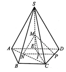 Cho hình chóp S.ABCD có đáy ABCD là hình thang với đáy lớn AD. Gọi M là trọng tâm của tam giác SAD, N là điểm thuộc đoạn thẳng AC sao cho AN =  AC, P là điểm thuộc đoạn thẳng CD sao cho DP =  DC. Chứng minh rằng (MNP) // (SBC).  (ảnh 1)