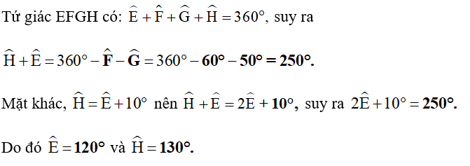 Tính góc chưa biết của tứ giác trong Hình 3.3, biết rằng  góc H = góc E +10 (ảnh 2)