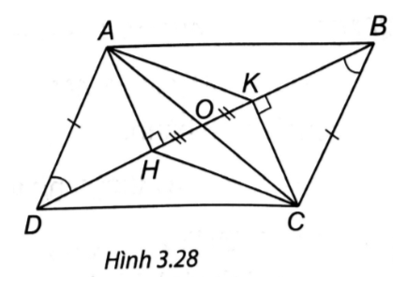 Cho hình bình hành ABCD. Gọi H, K lần lượt là các chân đường cao kẻ từ đỉnh A, C xuống BD (H.3.28).    Chứng minh rằng: a) ∆ADH = ∆CBK. b) Tứ giác AHCK là hình bình hành. c) AC đi qua trung điểm O của HK. (ảnh 1)