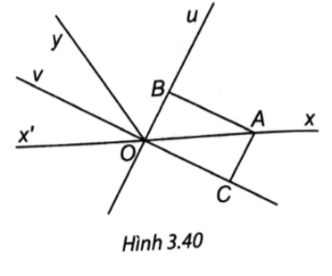 Gọi Ou và Ov lần lượt là hai tia phân giác của hai góc kề bù xOy và x’Oy; A là một điểm khác O trên tia Ox. Gọi B và C là chân đường vuông góc hạ từ A lần lượt xuống đường thẳng chứa Ou và Ov. Hỏi tứ giác OBAC là hình gì? Vì sao? (ảnh 1)