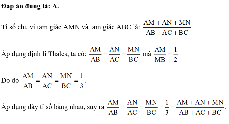 Cho tam giác ABC, đường thẳng d song song với BC cắt 2 cạnh AB và AC lần lượt tại M và N. Biết rằng   Tính tỉ số chu vi tam giác AMN và ABC? (ảnh 1)
