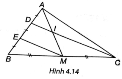 Cho tam giác ABC, trung tuyến AM. Lấy điểm D và E trên cạnh AB sao cho AD = DE = EB và D nằm giữa hai điểm A, E. a) Chứng minh: DC // EM. b) DC cắt AM tại I. Chứng minh I là trung điểm của AM. (ảnh 1)