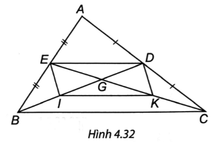 Cho tam giác ABC, các đường trung tuyến BD và CE cắt nhau tại G. Gọi I, K lần lượt là trung điểm của GB, GC. Chứng minh tứ giác EDKI là hình bình hành. (ảnh 1)