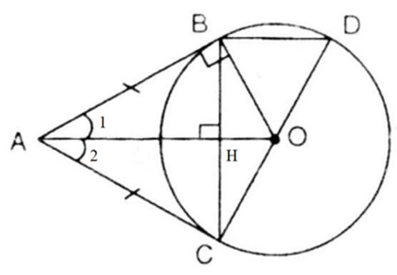 Cho đường tròn (O), điểm A nằm bên ngoài đường tròn. Kẻ các tiếp tuyến AB, AC  (ảnh 1)