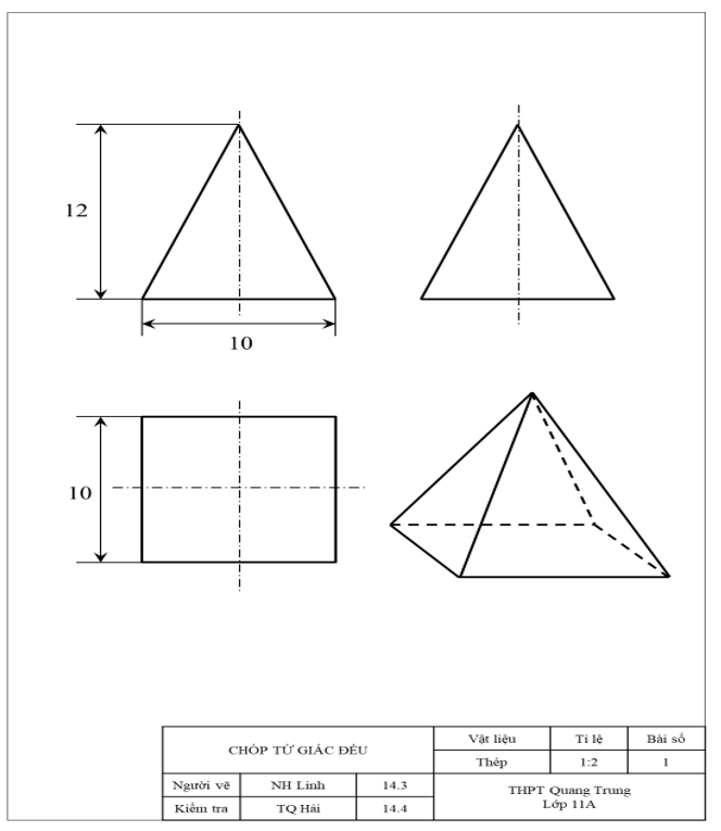 Lập bản vẽ kĩ thuật trên khổ giấy A4 gồm ba hình chiếu và các kích thước của chi tiết cơ khí “Chóp tứ giác đều” có chiều cao 12 cm và cạnh đáy 10 cm (Hình 11). (ảnh 2)