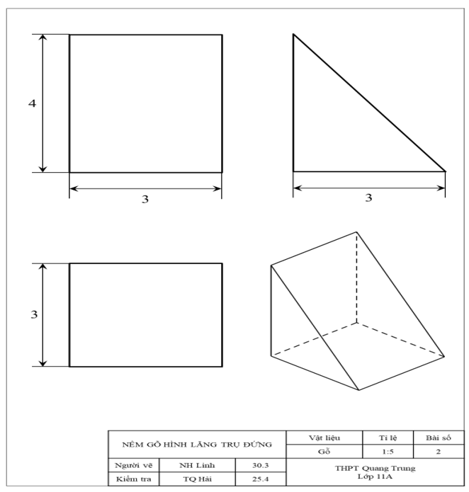 Lập bản vẽ kĩ thuật trên khổ giấy A4 gồm ba hình chiếu và các kích thước của cái “nêm gỗ hình lăng trụ đứng” có hình chiếu trục đo như Hình 12. Cho biết khoảng cách giữa hai chấm biểu diễn độ dài 1 dm. (ảnh 2)