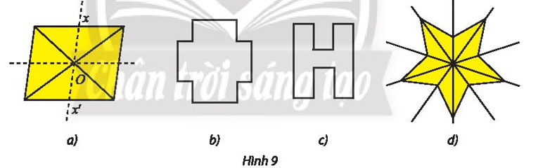 a) Trong Hình 9, hình nào có tâm đối xứng? Tìm tâm đối xứng (nếu có).   b) Nêu tên một hình có vô số tâm đối xứng. (ảnh 1)