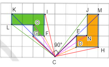 Trong Hình 40, hình màu xanh là ảnh của hình màu cam qua một phép quay. Xác định tâm và góc quay của phép quay đó.    (ảnh 2)