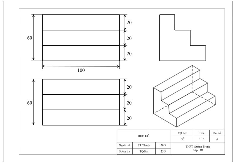 Lập bản vẽ kĩ thuật trên khổ giấy A4 gồm ba hình chiếu và các kích thước của cái bục gỗ có hình chiếu trục đo như Hình 14. Cho biết khoảng cách giữa hai chấm biểu diễn độ dài 20 cm. (ảnh 2)