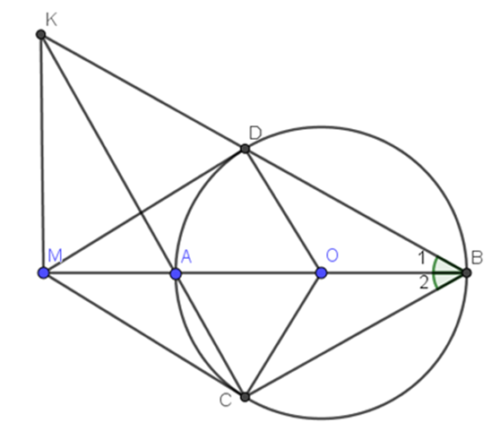 Từ điểm M bên ngoài đường tròn (O) kẻ cát tuyến MAB (qua O) và tiếp tuyến MC (ảnh 1)