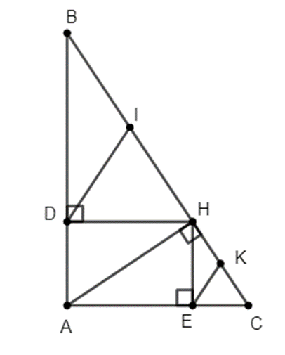 Cho tam giác ABC vuông tại A, đường cao AH. Gọi D, E theo thứ tự là chân đường (ảnh 1)