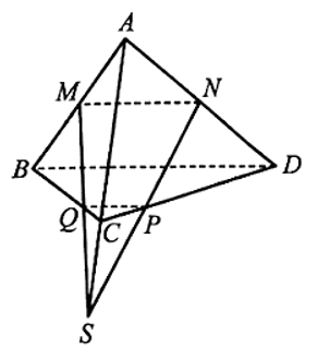 Cho tứ diện ABCD. Gọi M, N lần lượt là trung điểm của AB, AD; P, Q lần lượt thuộc các cạnh CD, BC (P, Q không là trung điểm của CD, CB). Chứng minh rằng nếu M, N, P, Q cùng thuộc một mặt phẳng thì ba đường thẳng MQ, NP và AC cùng đi qua một điểm.  (ảnh 1)