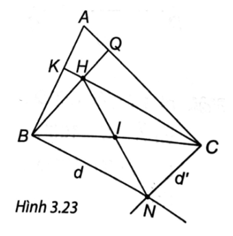 Cho tam giác nhọn ABC có trực tâm H. Vẽ các đường thẳng d vuông góc với AB tại B, d’ vuông góc với AC tại C, d và d’ cắt nhau tại N. Chứng mình rằng: a) Tứ giác BHCN là hình bình hành. b) HN đi qua trung điểm I của đoạn thẳng BC. (ảnh 1)