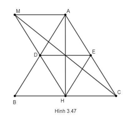 Cho tam giác ABC cân tại A. Gọi H là chân đường cao hạ từ A, D và E lần lượt là trung điểm của AB, AC. Lấy M là điểm trên DH sao cho MD = DH. Chứng minh rằng: a) Tứ giác ADHE là hình thoi. b) Tứ giác AHBM là hình chữ nhật. c) Tứ giác ACHM là hình bình hành. d) Ba đường thẳng MC, DE, AH đồng quy. (ảnh 1)