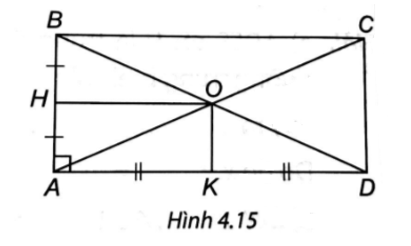 Cho hình chữ nhật ABCD có AC cắt BD tại O. Gọi H, K lần lượt là trung điểm của AB, AD. Chứng minh tứ giác AHOK là hình chữ nhật. (ảnh 1)