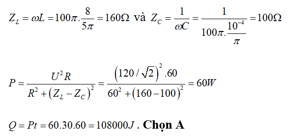Đặt điện áp xoay chiều u= 120 cos 100 pi t ( V) vào hai đầu đoạn mạch gồm điện trở R= 60 ôm (ảnh 1)