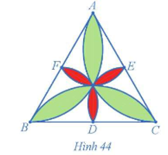 Hình 44 mô tả một viên gạch trang trí hình tam giác đều. Xác định phép quay biến:  a) Cánh hoa màu xanh đỉnh A thành cánh hoa màu xanh đỉnh B.  b) Cánh hoa màu đỏ đỉnh E thành cánh hoa màu đỏ đỉnh D.    (ảnh 1)