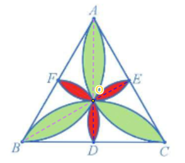 Hình 44 mô tả một viên gạch trang trí hình tam giác đều. Xác định phép quay biến:  a) Cánh hoa màu xanh đỉnh A thành cánh hoa màu xanh đỉnh B.  b) Cánh hoa màu đỏ đỉnh E thành cánh hoa màu đỏ đỉnh D.    (ảnh 2)
