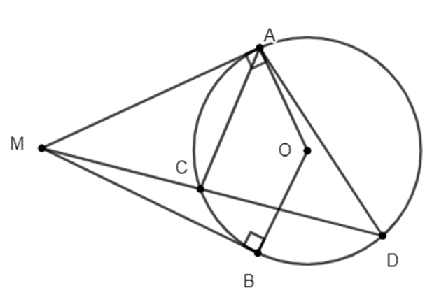 Cho đường tròn tâm O và điểm M nằm ngoài đường tròn. Qua M kẻ các tiếp tuyến (ảnh 1)