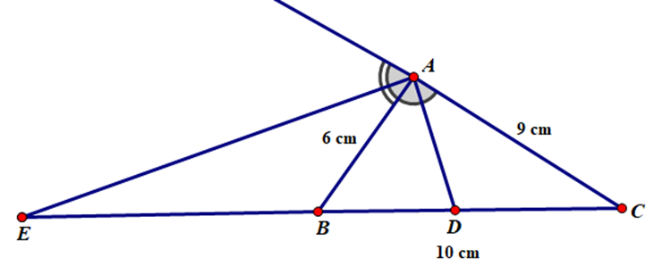 Cho tam giác ABC có AB = 6 cm, AC = 9 cm, BC = 10 cm, đường phân giác trong  (ảnh 1)