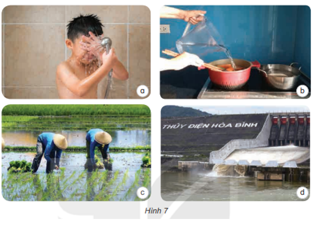 Quan sát hình 7 và cho biết nước được sử dụng vào các hoạt động gì và tác dụng của các hoạt động đó. (ảnh 1)