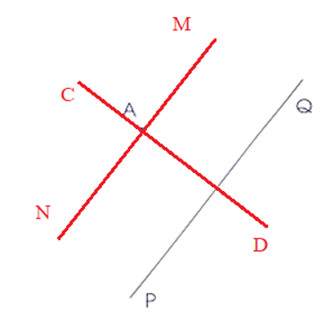 Vẽ đường thằng CD đi qua A và vuông góc với đường thẳng PQ. Vẽ đường thẳng MN đi qua A song song với đường thẳng PQ. (ảnh 2)