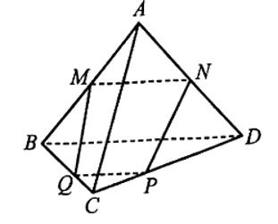 Cho tứ diện ABCD. Gọi M, N lần lượt là trung điểm của AB, AD; P, Q lần lượt thuộc các cạnh CD, BC (P, Q không trùng các đỉnh B, C, D). Chứng minh rằng nếu M, N, P, Q cùng thuộc một mặt phẳng thì PQ song song với BD.  (ảnh 1)
